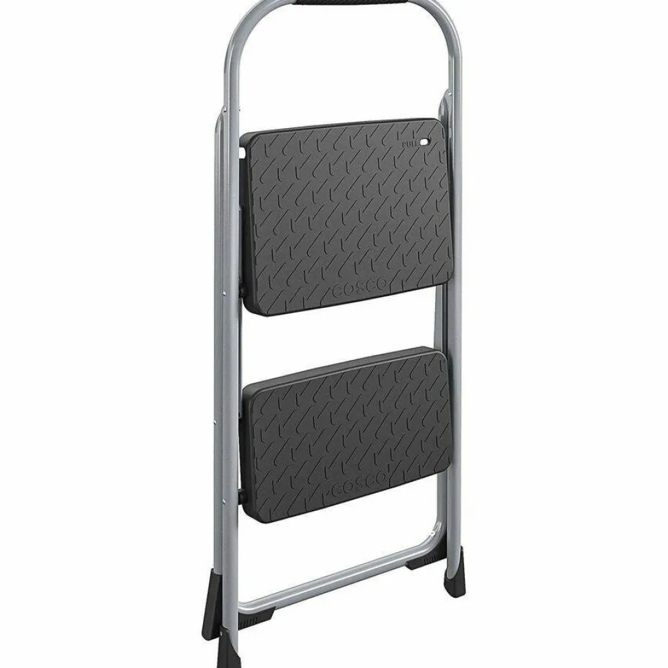 Cosco Big Step Folding Stool, 2-Step, 200 lb Capacity, 20.5" Working Height, 22" Spread, Black/Gray