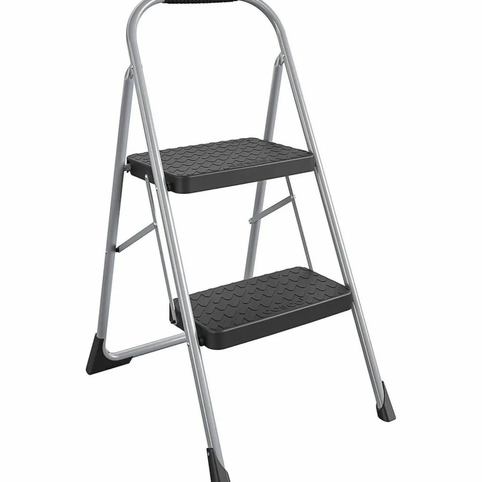 Cosco Big Step Folding Stool, 2-Step, 200 lb Capacity, 20.5" Working Height, 22" Spread, Black/Gray