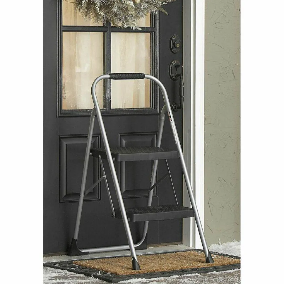 Cosco Big Step Folding Stool, 2-Step, 200 lb Capacity, 20.5" Working Height, 22" Spread, Black/Gray