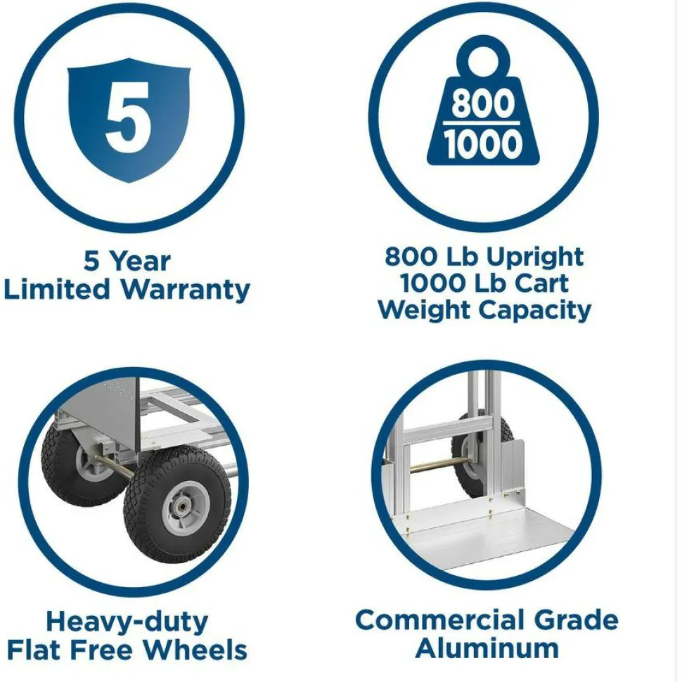 Cosco 3-in-1 Convertible Hand Truck, 800 lb to 1,000 lb Capacity, 21.06 x 21.85 x 48.03, Aluminum