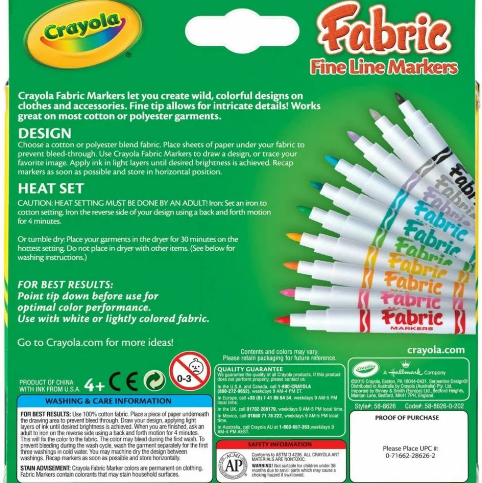 Crayola Bright Fabric Markers, Set Of 10, Fine Point, Assorted Colors