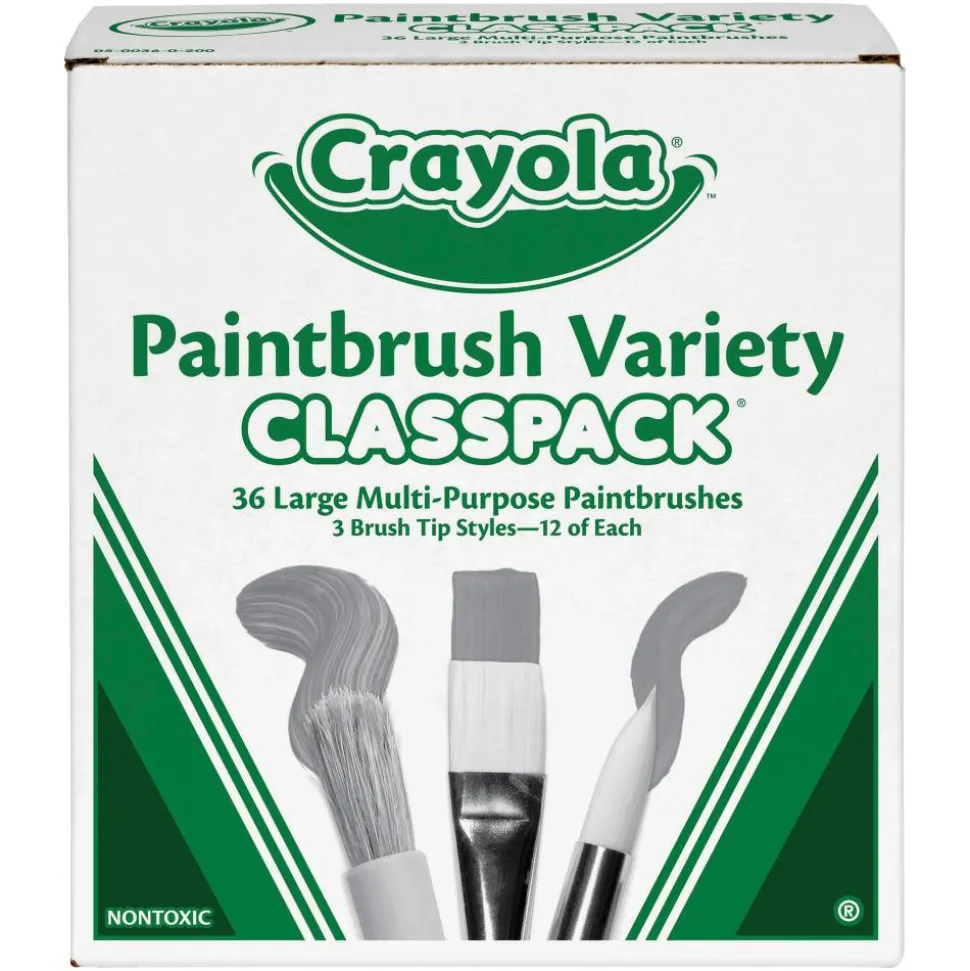 Crayola Large Variety Paint Brush Classpack, Natural; Nylon Bristles, Flat; Round Profiles, 36/Set