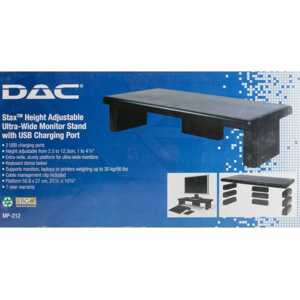DAC Stax MP-211-Adjustable Ultra-Wide Monitor/Laptop Stand, Black - 66 lb Load Capacity - 4.8"x22"x 10.5" Depth - Plastic - Black - - 02238
