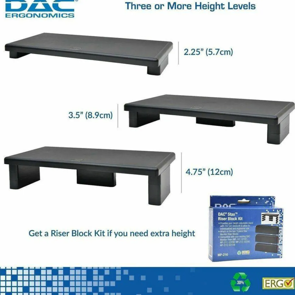 DAC Stax MP-211-Adjustable Ultra-Wide Monitor/Laptop Stand, Black - 66 lb Load Capacity - 4.8"x22"x 10.5" Depth - Plastic - Black - - 02238