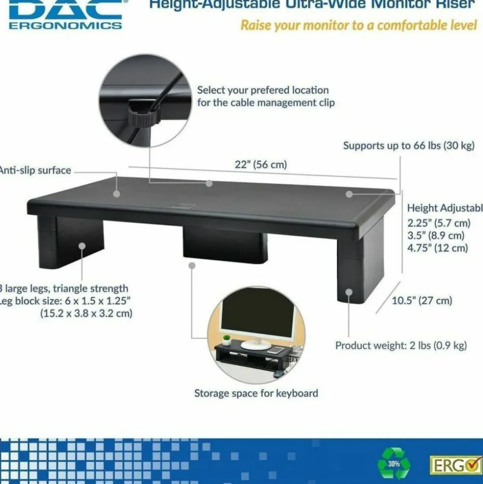 DAC Stax MP-211-Adjustable Ultra-Wide Monitor/Laptop Stand, Black - 66 lb Load Capacity - 4.8"x22"x 10.5" Depth - Plastic - Black - - 02238