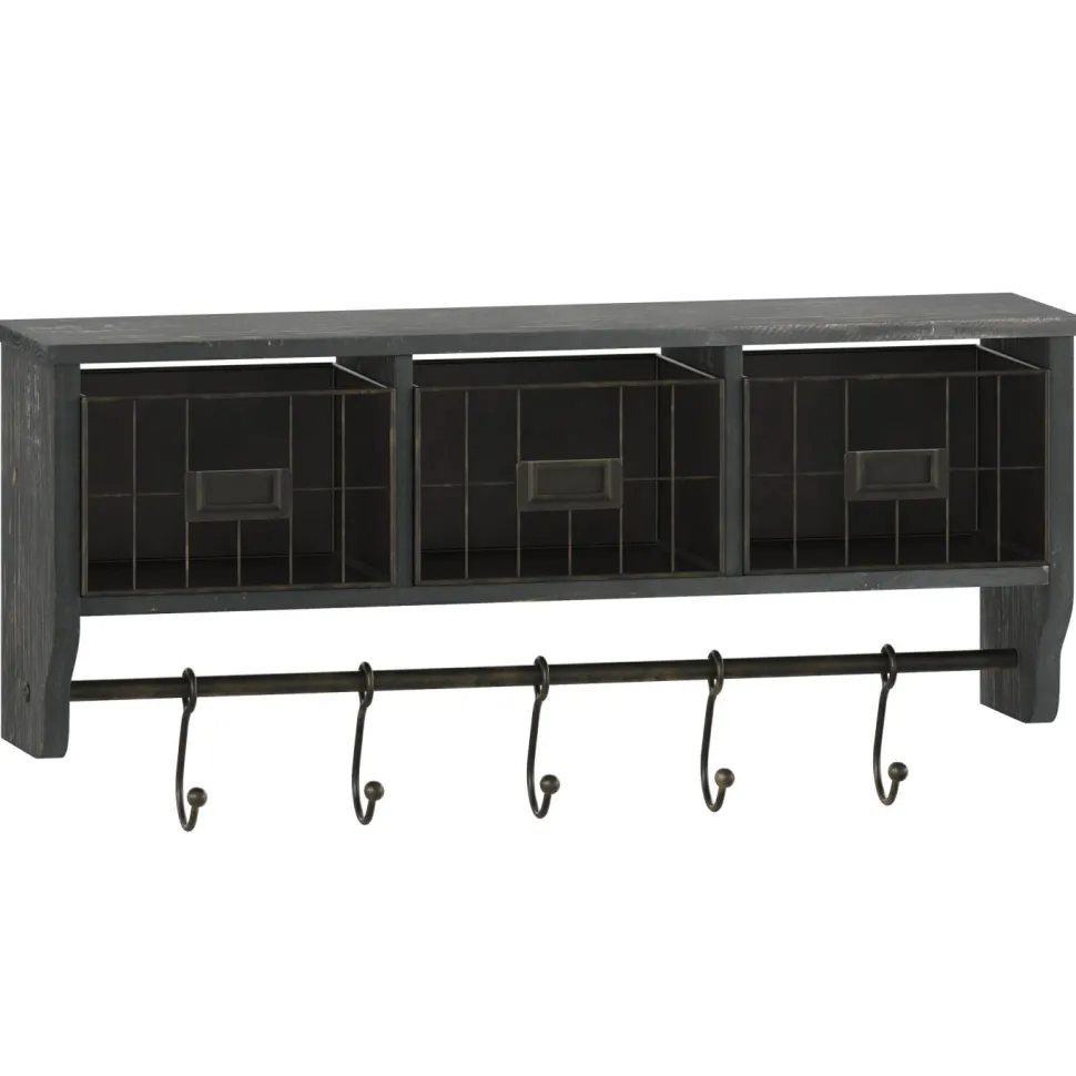 Daly Wall Mounted 24 Inch Solid Pine Wood Storage Rack with Upper Shelf, 5 Hooks, Wire Baskets For Entryway, Kitchen, Bathroom in Blackwashed