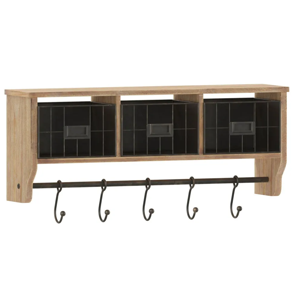Daly Wall Mounted 24 Inch Solid Pine Wood Storage Rack with Upper Shelf, 5 Hooks, Wire Baskets For Entryway, Kitchen, Bathroom in Rustic Brown