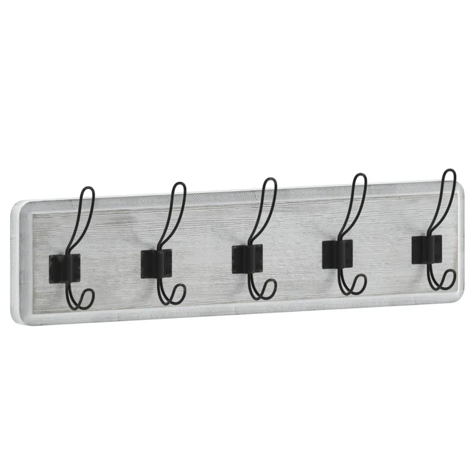 Daly Wall Mounted 24 Inch Whitewashed Solid Pine Wood Storage Rack with 5 Hooks For Entryway, Kitchen, Bathroom