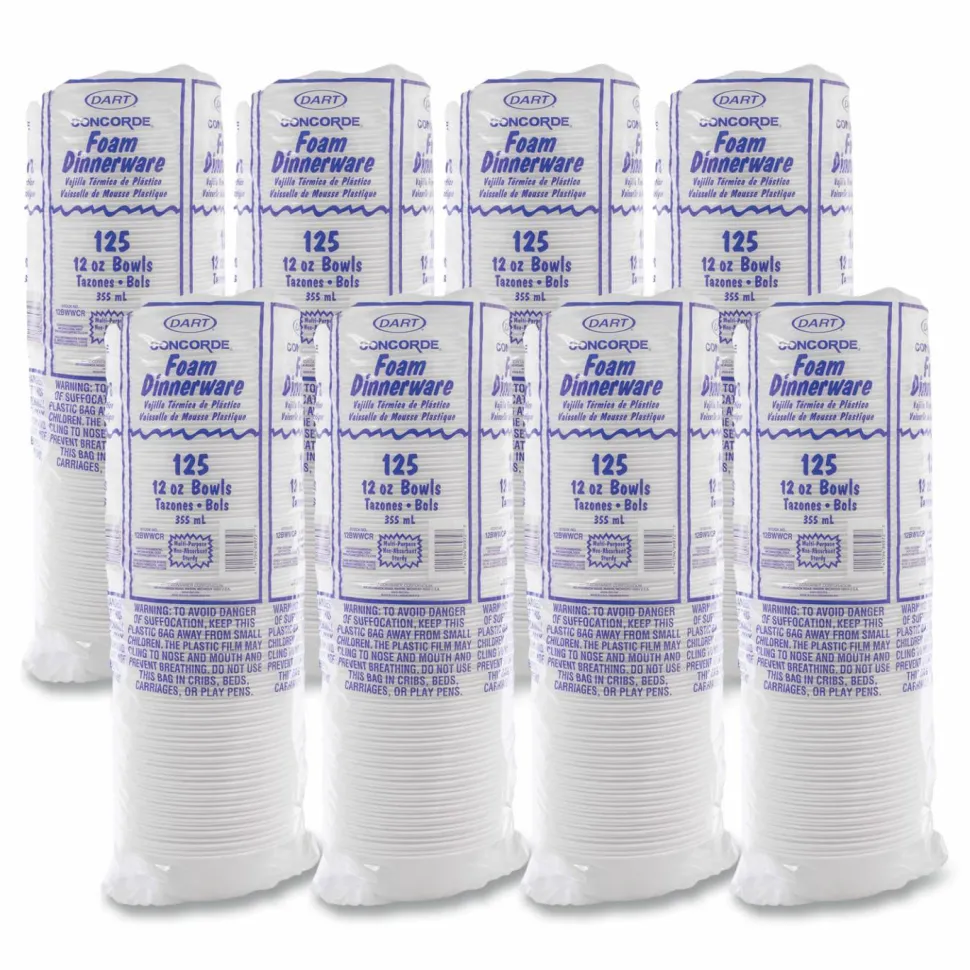 Dart Concorde Foam Bowls, 12 Oz, White, 25 Bowls Per Pack, Carton Of 1,000 Packs