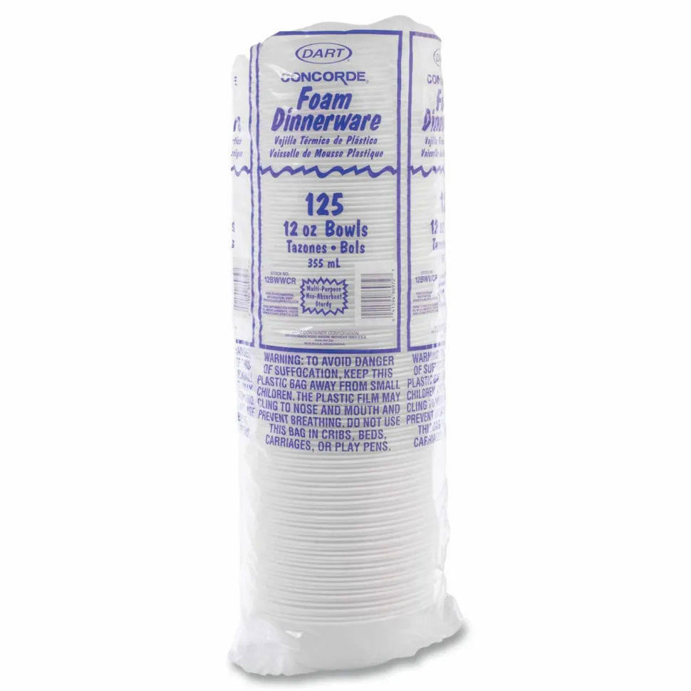 Dart Concorde Foam Bowls, 12 Oz, White, 25 Bowls Per Pack, Carton Of 1,000 Packs