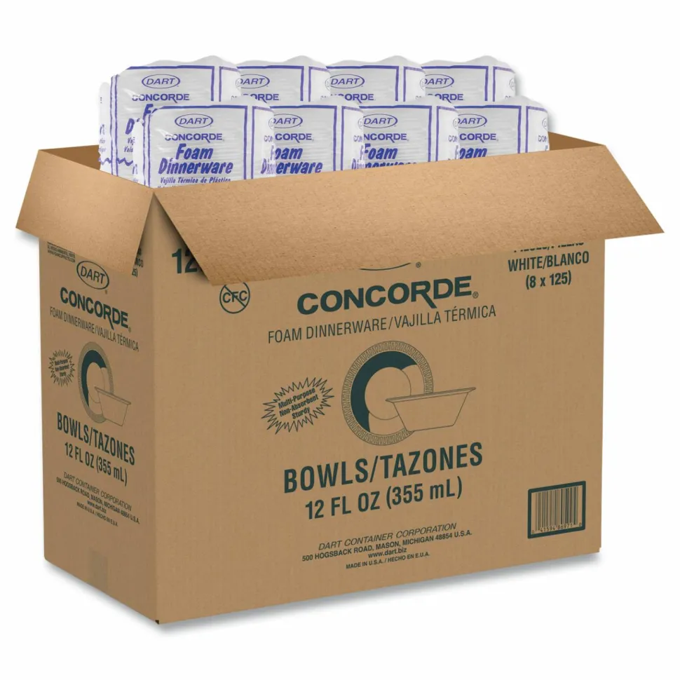 Dart Concorde Foam Bowls, 12 Oz, White, 25 Bowls Per Pack, Carton Of 1,000 Packs