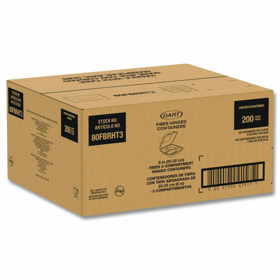 Dart Molded Fiber Hinged Trays, ProPlanet Seal, 3 Compartments, 8.65 x 7.94 x 2.98, Natural, 200/Carton