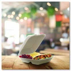 Dart Molded Fiber Hinged Trays, ProPlanet Seal, 3 Compartments, 8.65 x 7.94 x 2.98, Natural, 200/Carton