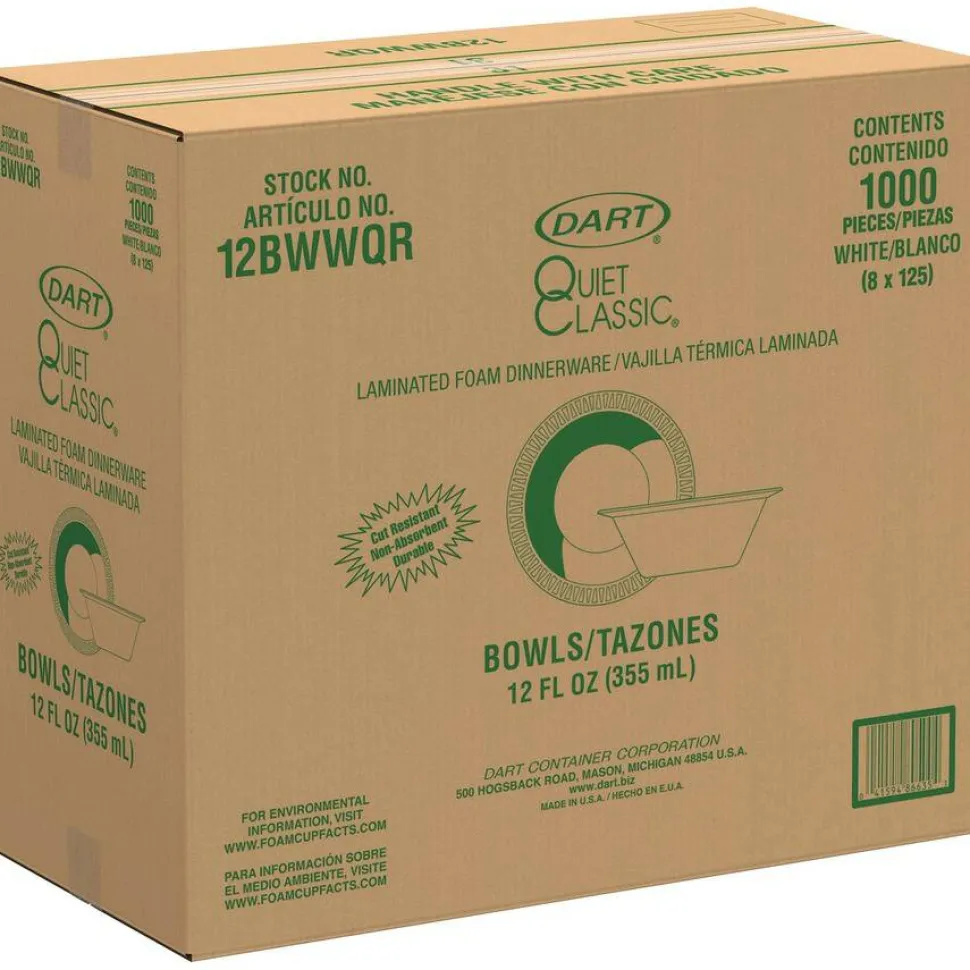 Dart Quiet Classic Laminated Foam Dinnerware, Bowl, 12 oz, White, 125/Pack