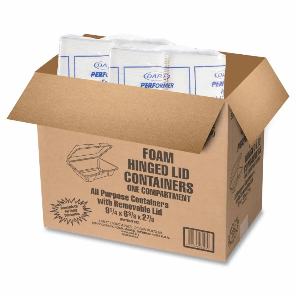 Dart Hinged-Lid Carryout Food Containers, 1 Compartment, 2 7/8"H x 6 3/8"W x 9 5/16"D, White, Pack Of 200