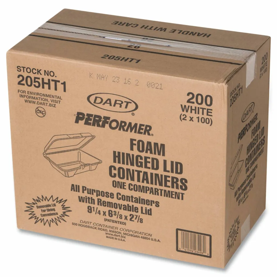 Dart Hinged-Lid Carryout Food Containers, 1 Compartment, 2 7/8"H x 6 3/8"W x 9 5/16"D, White, Pack Of 200