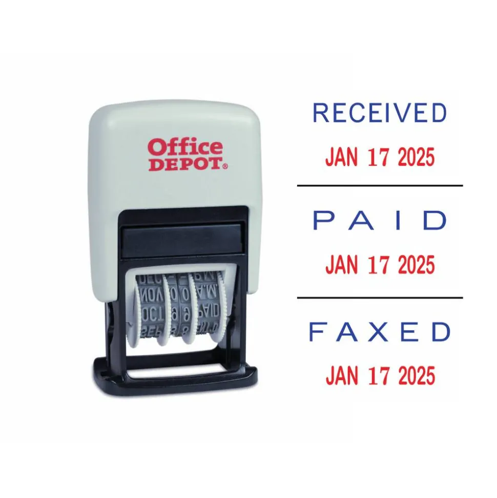 Date Message Stamp Dater Paid, Received, Faxed, 1-1/16"x5/8" Impression, Red/Blue Ink - 98331