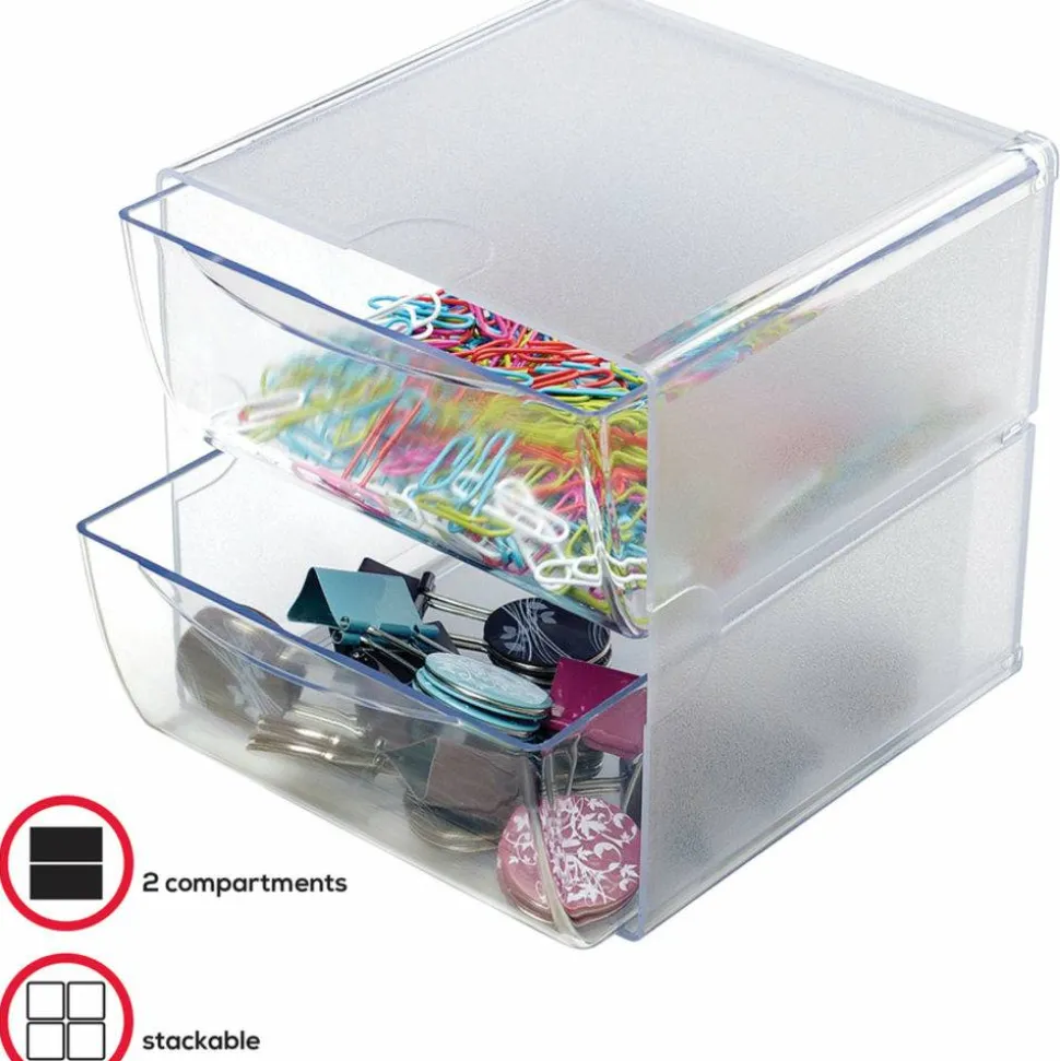Deflecto Stackable Cube With 2 Drawers, 6"H x 6"W x 7 1/8"D, Clear