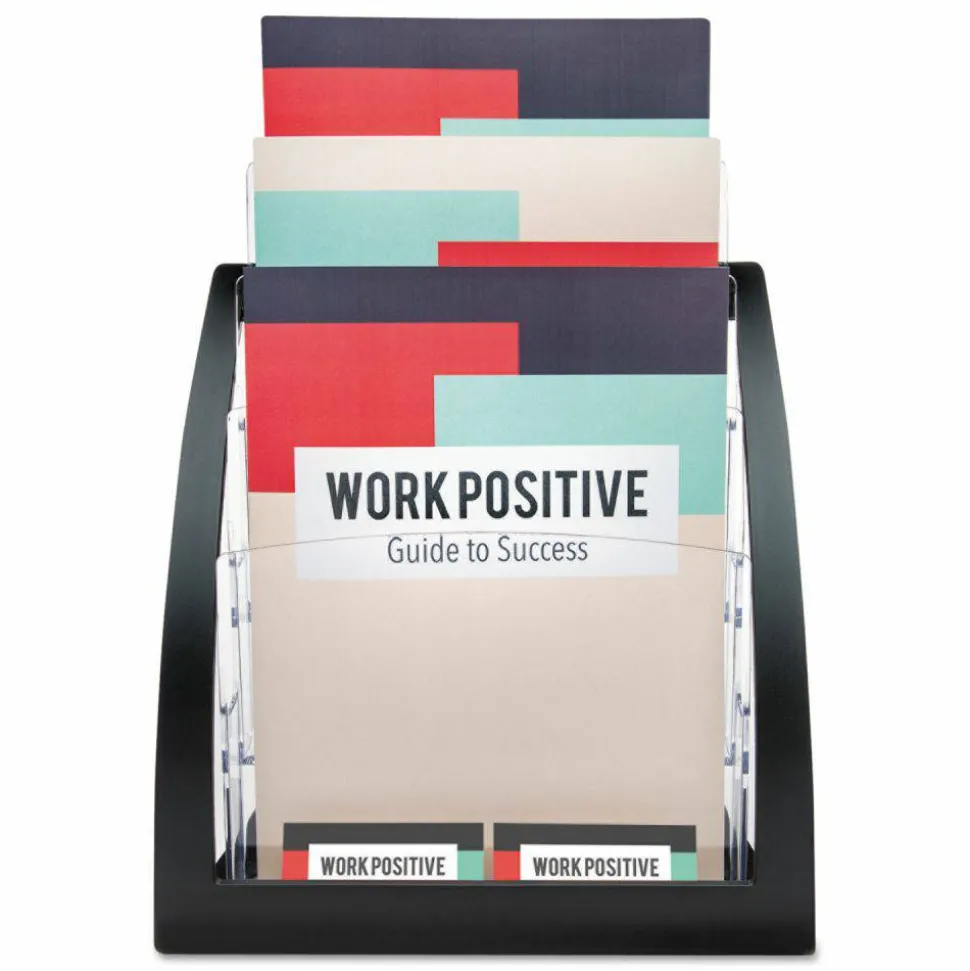 Deflecto Contemporary Literature Holder, 3 Magazine Size Compartments 13 5/16"H x 11 1/4"W x 6 15/16"D, Black/Clear