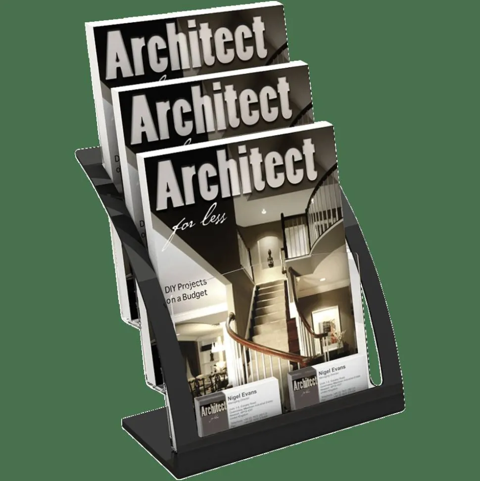 Deflecto Contemporary Literature Holder, 3 Magazine Size Compartments 13 5/16"H x 11 1/4"W x 6 15/16"D, Black/Clear
