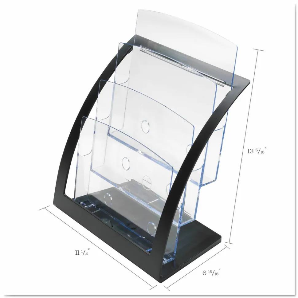 Deflecto Contemporary Literature Holder, 3 Magazine Size Compartments 13 5/16"H x 11 1/4"W x 6 15/16"D, Black/Clear