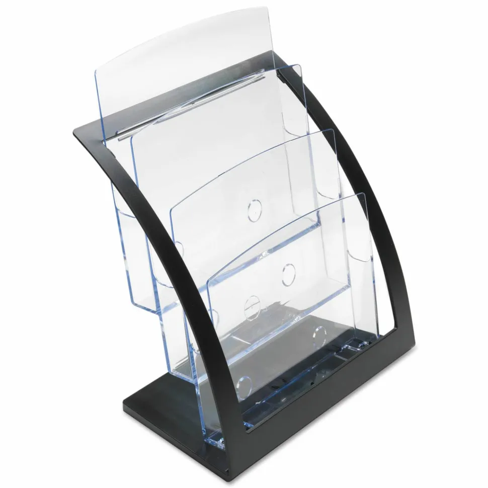 Deflecto Contemporary Literature Holder, 3 Magazine Size Compartments 13 5/16"H x 11 1/4"W x 6 15/16"D, Black/Clear