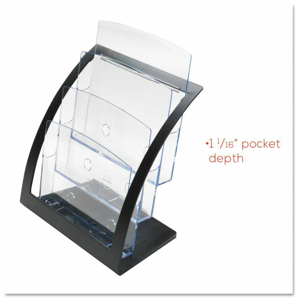 Deflecto Contemporary Literature Holder, 3 Magazine Size Compartments 13 5/16"H x 11 1/4"W x 6 15/16"D, Black/Clear