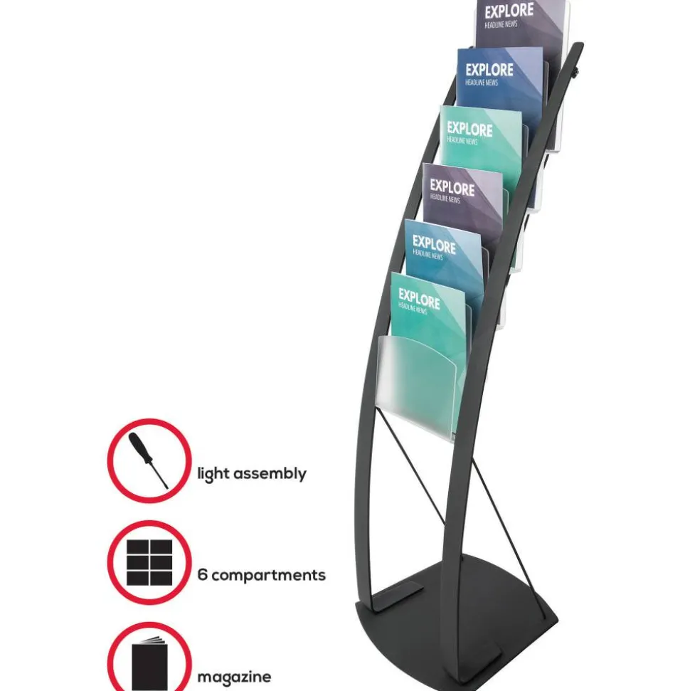Deflect-O Contemporary 6-Pocket Literature Floor Display, 49"H x 13"W x 16 1/2"D, Black