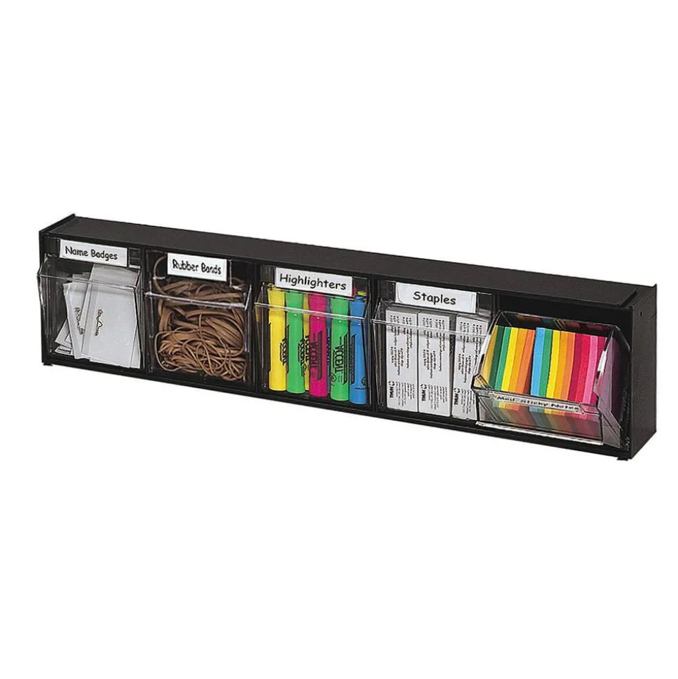 Deflecto Interlocking Horizontal Tilt Bin, 5 Bins, Small Size, 5 1/4" x 23 5/8" x 6 1/2", Black/Clear