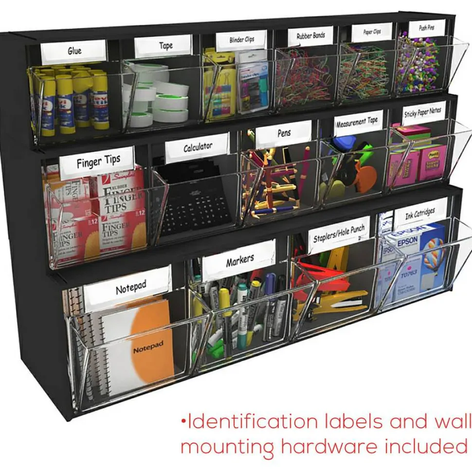 Deflecto Interlocking Horizontal Tilt Bin, 5 Bins, Small Size, 5 1/4" x 23 5/8" x 6 1/2", Black/Clear