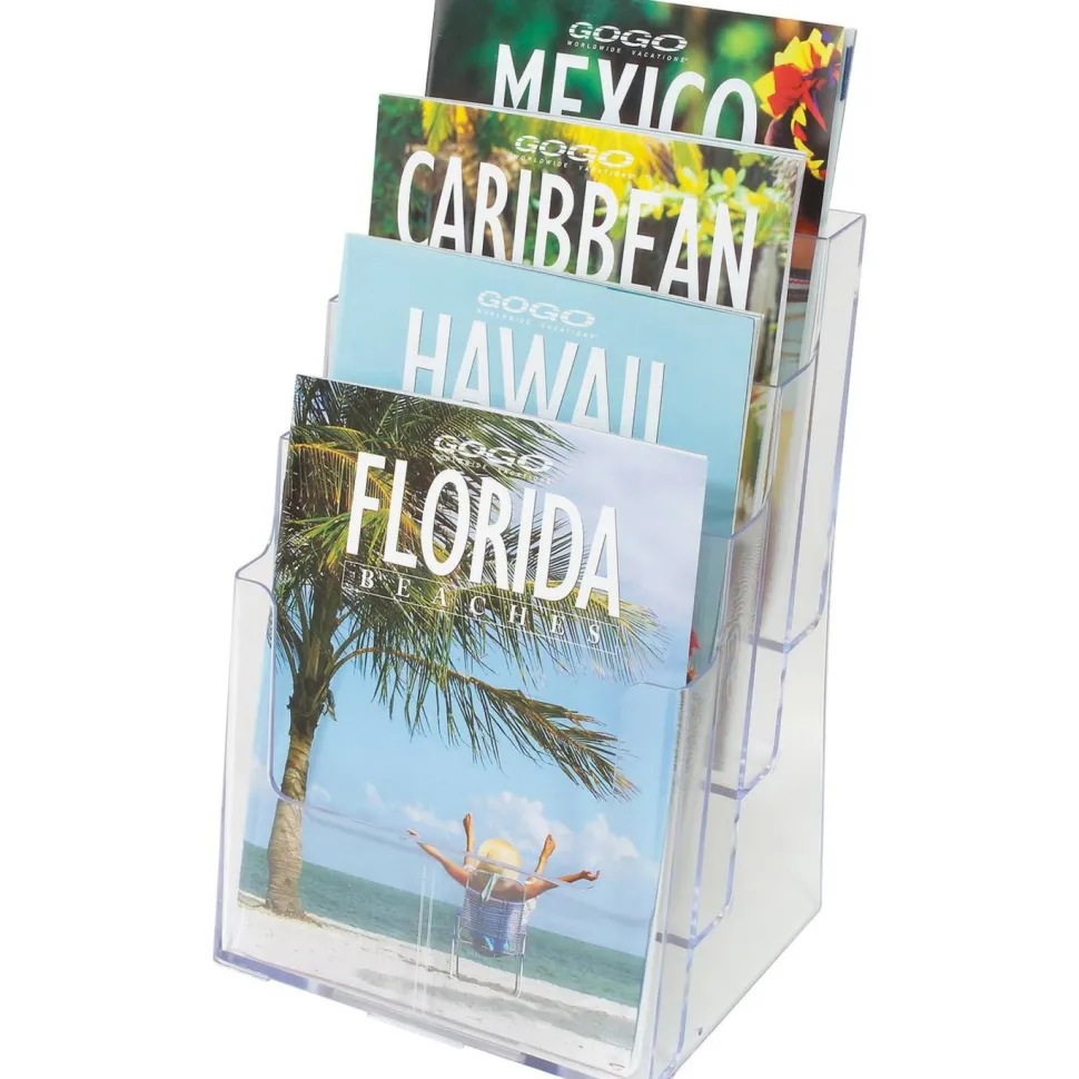 Deflecto Literature DocuHolder, 4 Magazine Compartments, 13 5/8"H x 9 3/8"W x 7"D, Clear