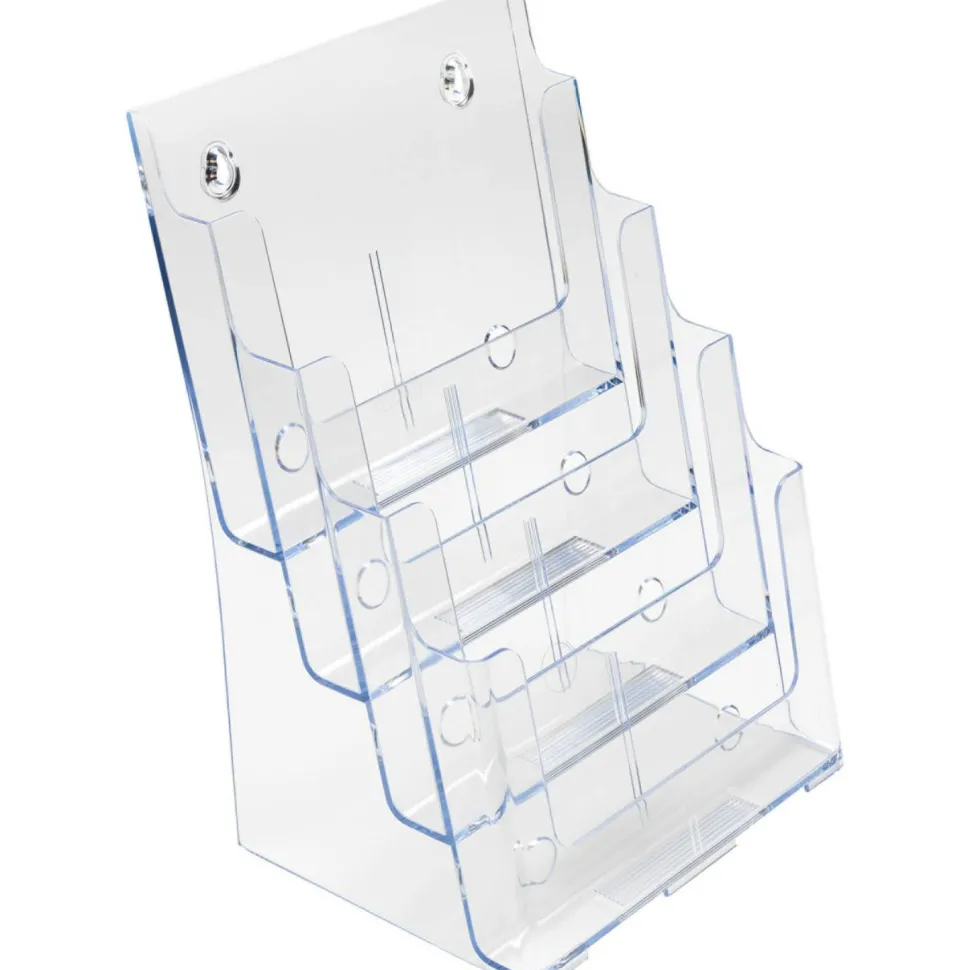 Deflecto Literature DocuHolder, 4 Magazine Compartments, 13 5/8"H x 9 3/8"W x 7"D, Clear
