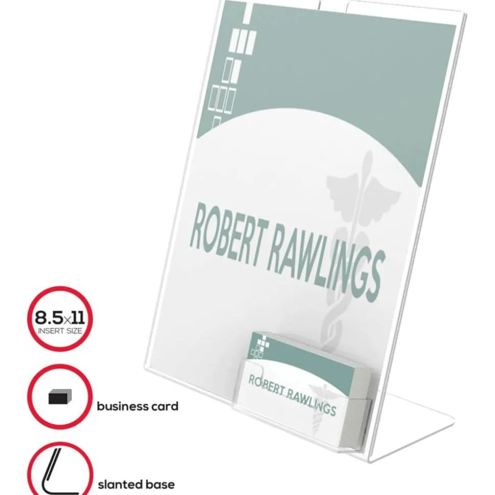 Deflecto Superior Image Slanted Sign Holder With Business Card Holder, 11 1/4"H x 9"W x 4 1/2"D, Clear