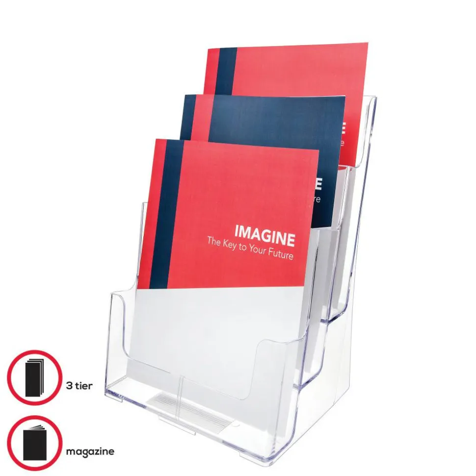 Deflecto 3-Tier Magazine Literature Holder, 12 5/8"H x 9 1/2"W x 6 1/4"D, Clear