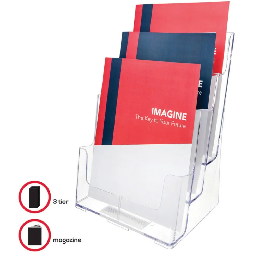 Deflecto 3-Tier Magazine Literature Holder, 12 5/8"H x 9 1/2"W x 6 1/4"D, Clear