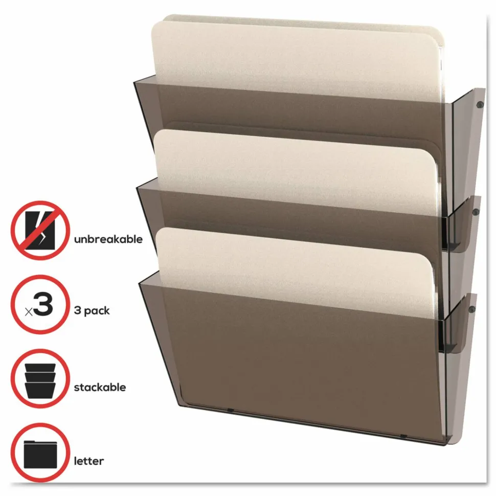deflecto Unbreakable DocuPocket Wall File, 3 Sections, Letter Size, 14.5" x 3" x 6.5", Smoke, 3/Pack