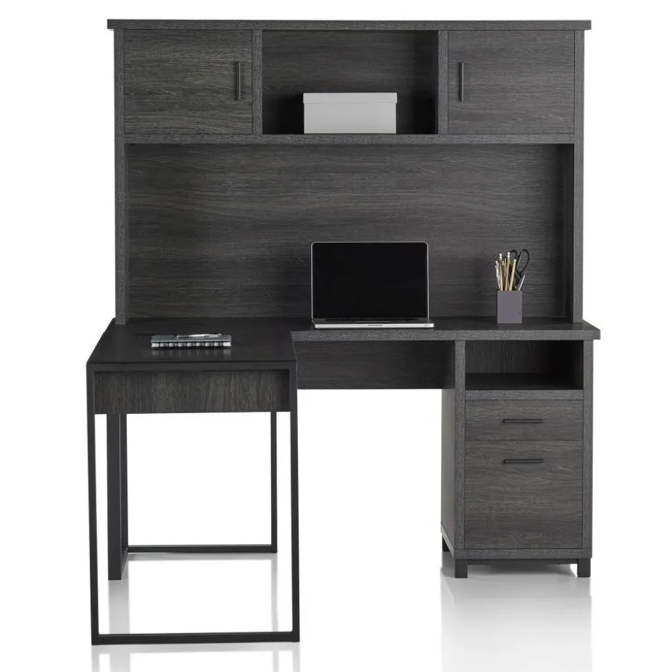 DeJori 59"W L-Shape Corner Desk With Hutch, Charcoal