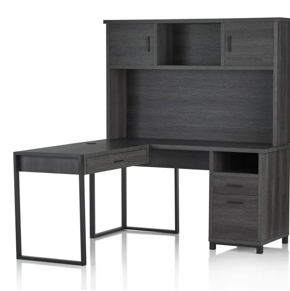 DeJori 59"W L-Shape Corner Desk With Hutch, Charcoal