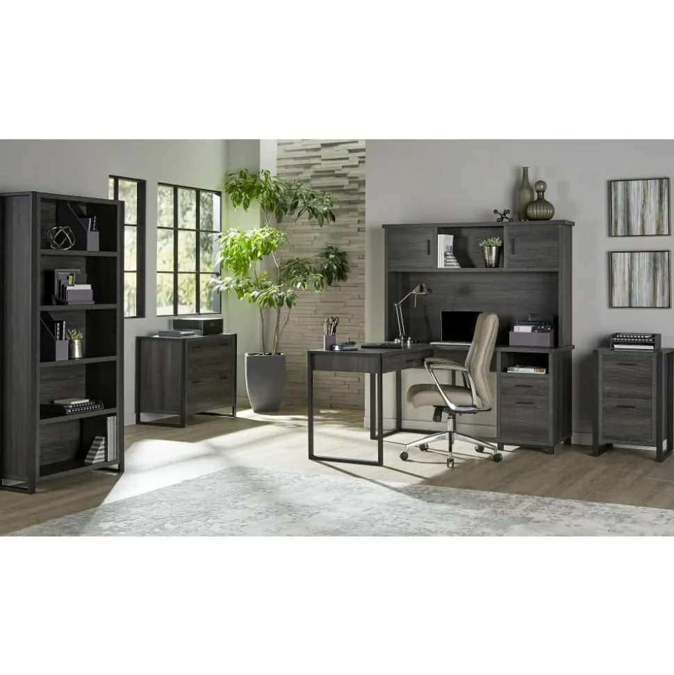 DeJori 59"W L-Shape Corner Desk With Hutch, Charcoal