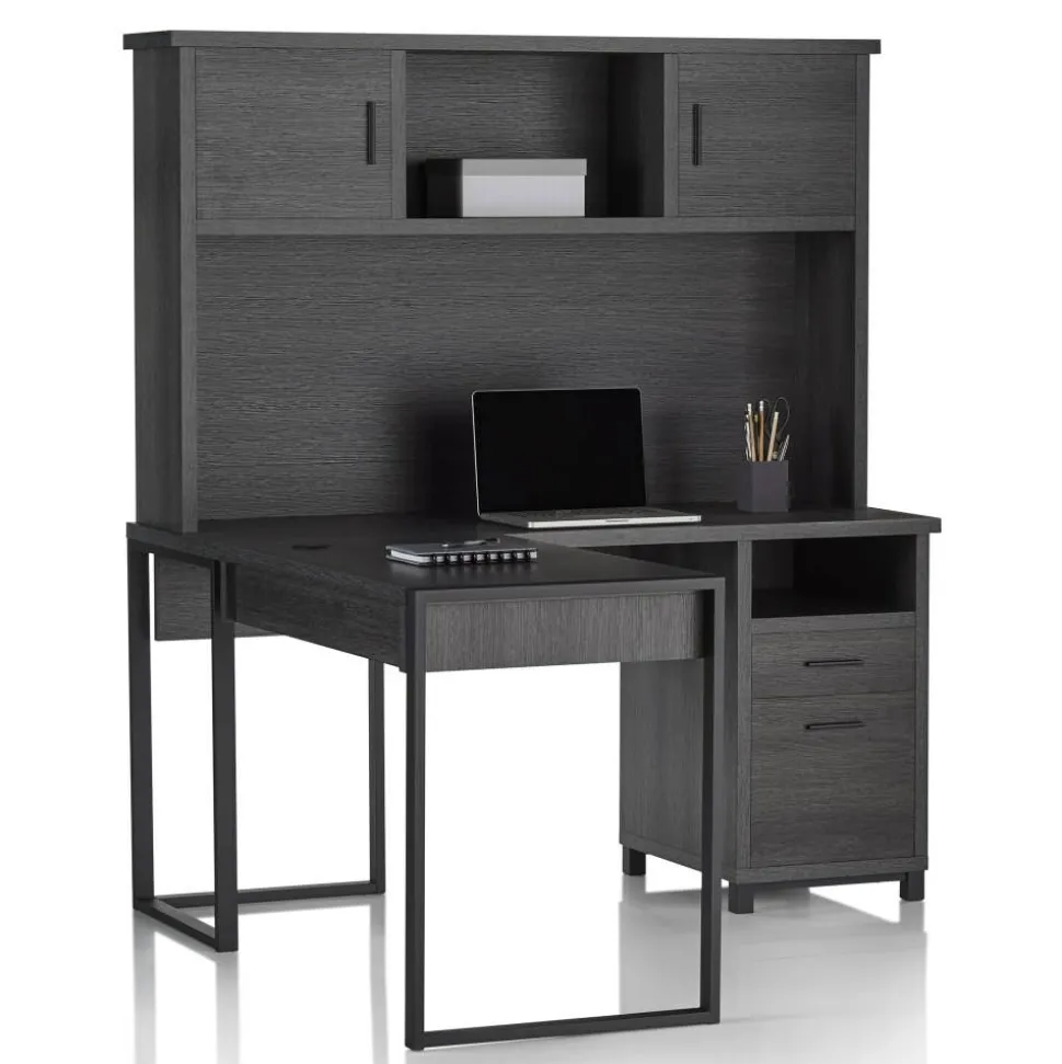 DeJori 59"W L-Shape Corner Desk With Hutch, Charcoal