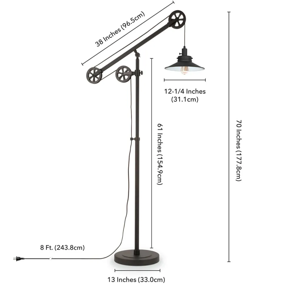 Descartes Wide Brim/Pulley System Floor Lamp with Metal Shade in Blackened Bronze/Blackened Bronze