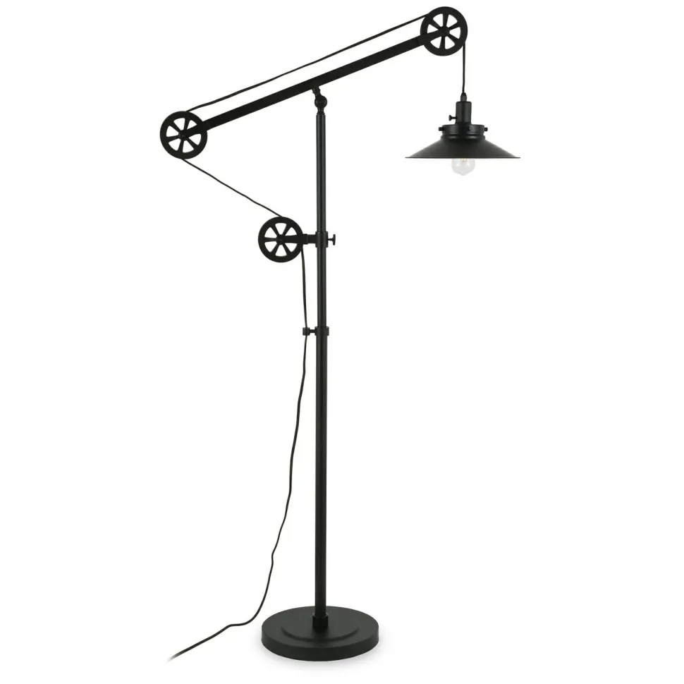 Descartes Wide Brim/Pulley System Floor Lamp with Metal Shade in Blackened Bronze/Blackened Bronze