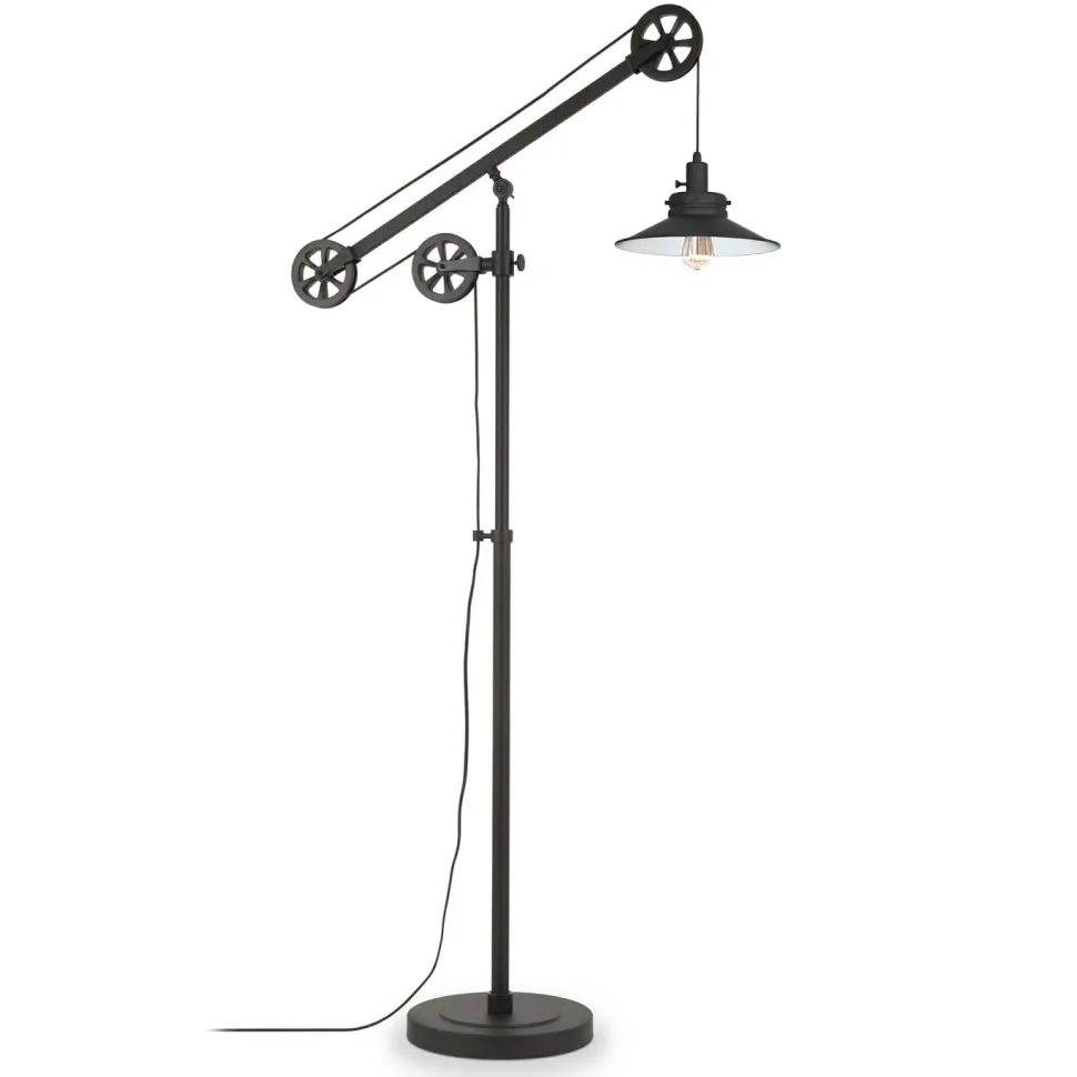 Descartes Wide Brim/Pulley System Floor Lamp with Metal Shade in Blackened Bronze/Blackened Bronze