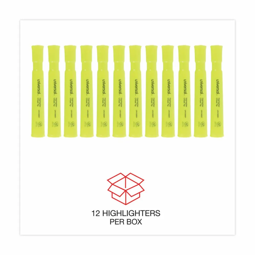 Desk Highlighters, Fluorescent Yellow Ink, Chisel Tip, Yellow Barrel, Dozen