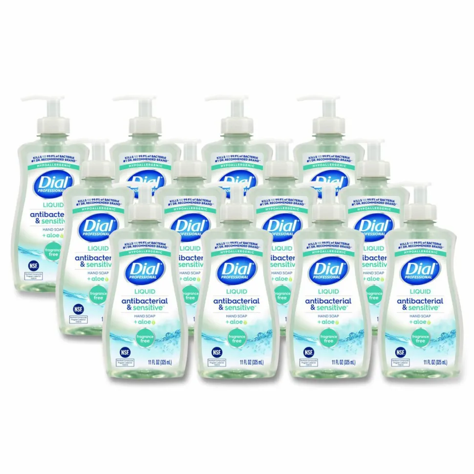 Dial Professional Antibacterial and Sensitive Liquid Hand Soap, Fragrance Free, 11 oz Pump Bottle, 12/Carton