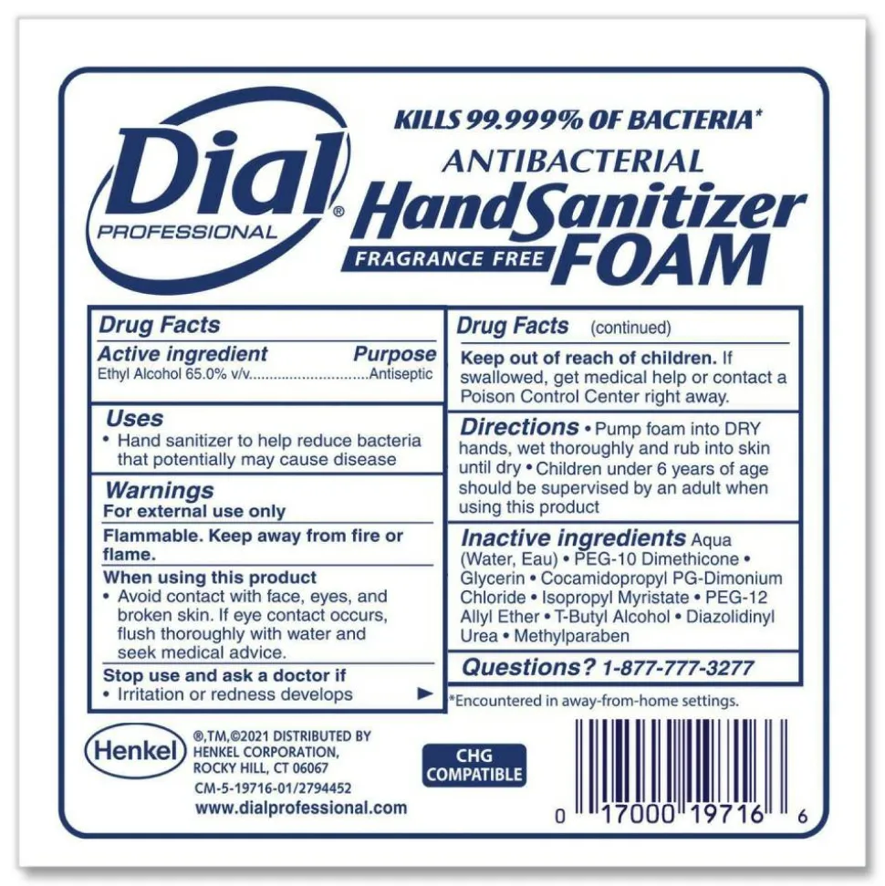 Dial Professional Antibacterial Foaming Hand Sanitizer Refill for Dial 1700 V Dispenser, 1.2 L, Fragrance Free, 3/Carton