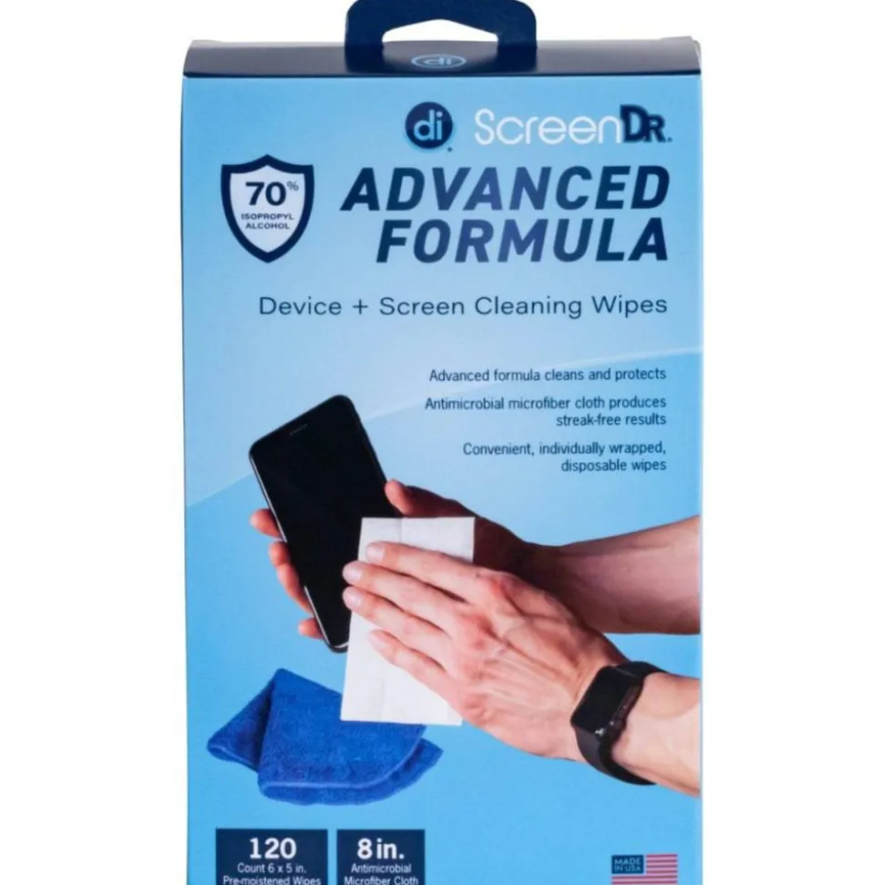Digital Innovations ScreenDr 70% Alcohol Advanced Formula Device Cleaning Wipes And Microfiber Cloth, Box Of 120 Packets