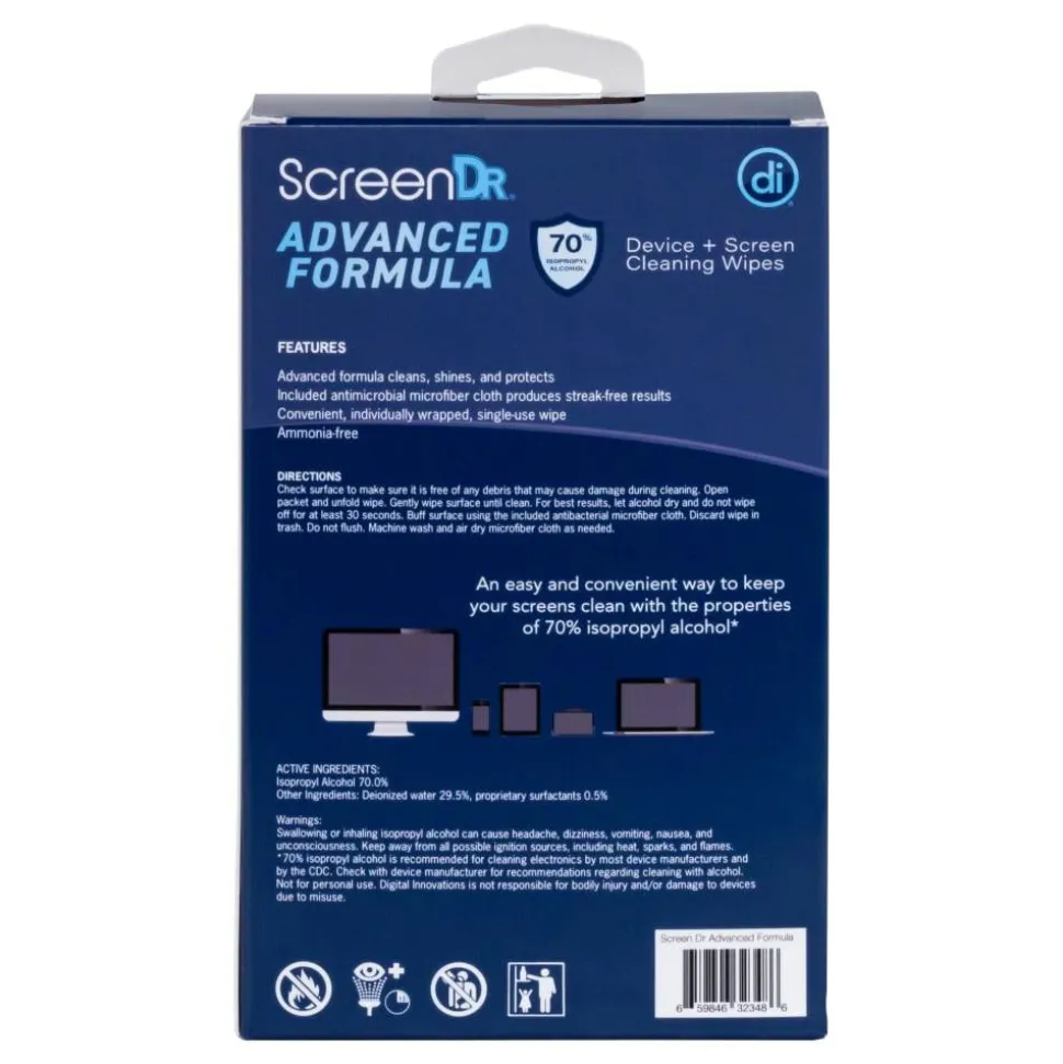 Digital Innovations ScreenDr 70% Alcohol Advanced Formula Device Cleaning Wipes And Microfiber Cloth, Box Of 120 Packets