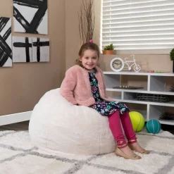 Dillon Small White Furry Refillable Bean Bag Chair for Kids and Teens