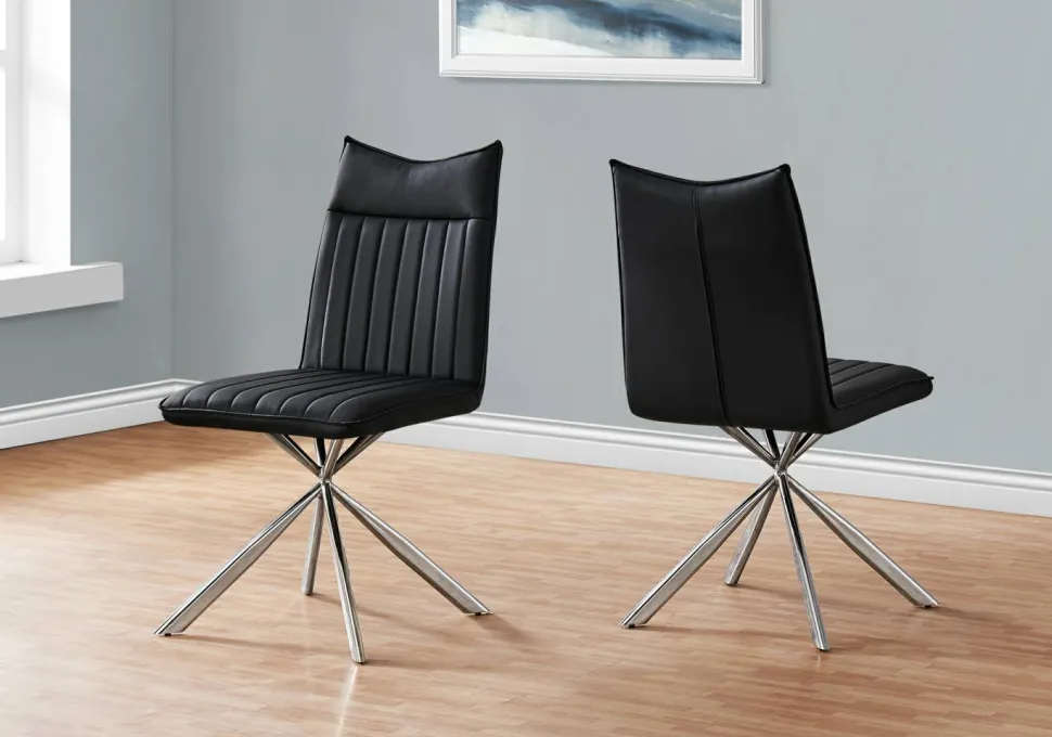 Dining Chair, Set Of 2, Side, Upholstered, Kitchen, Dining Room, Black Leather Look, Chrome Metal, Contemporary, Modern